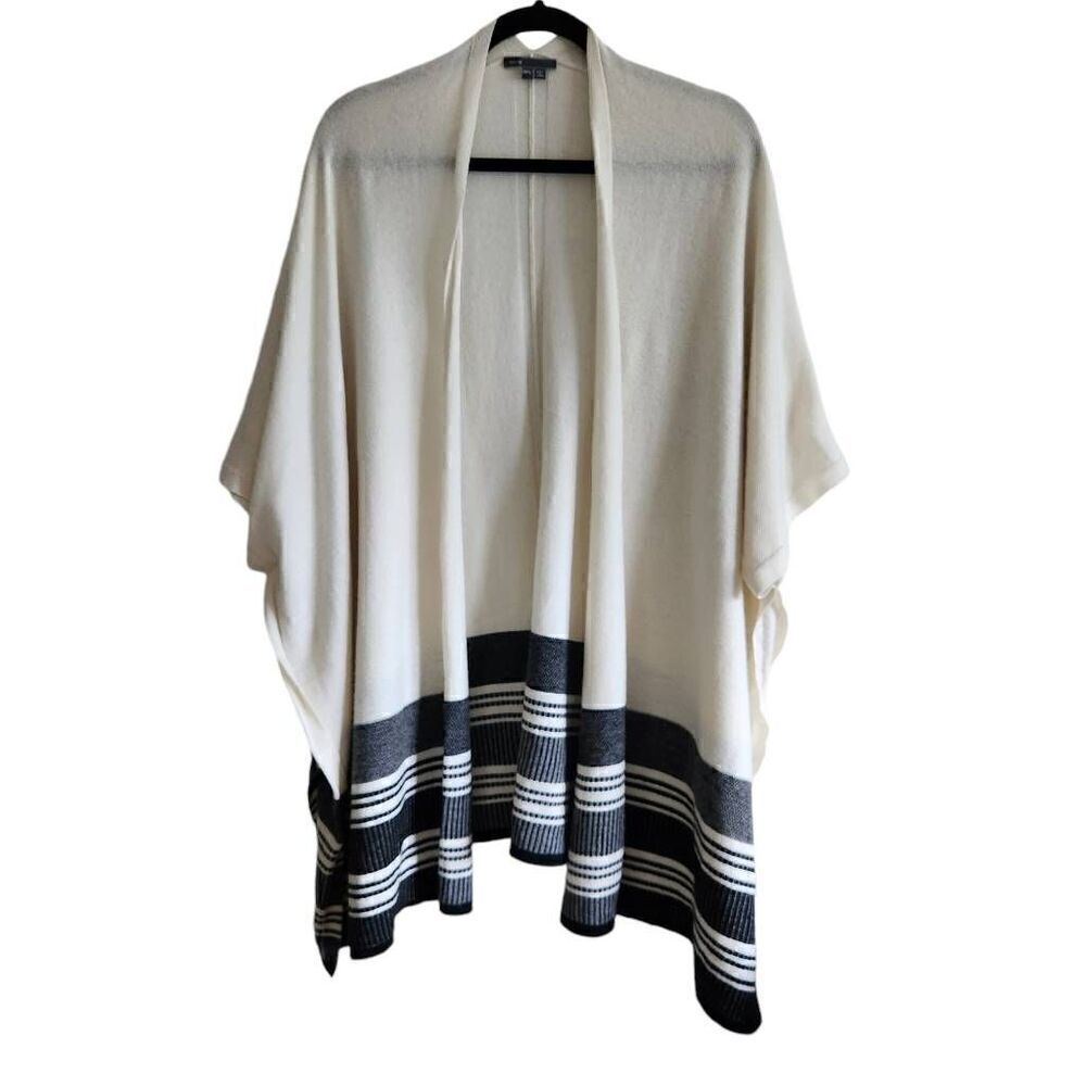 VINCE Cardigan Poncho Womens Medium Large Cashmere Wool Blend Ivory Black Stripe